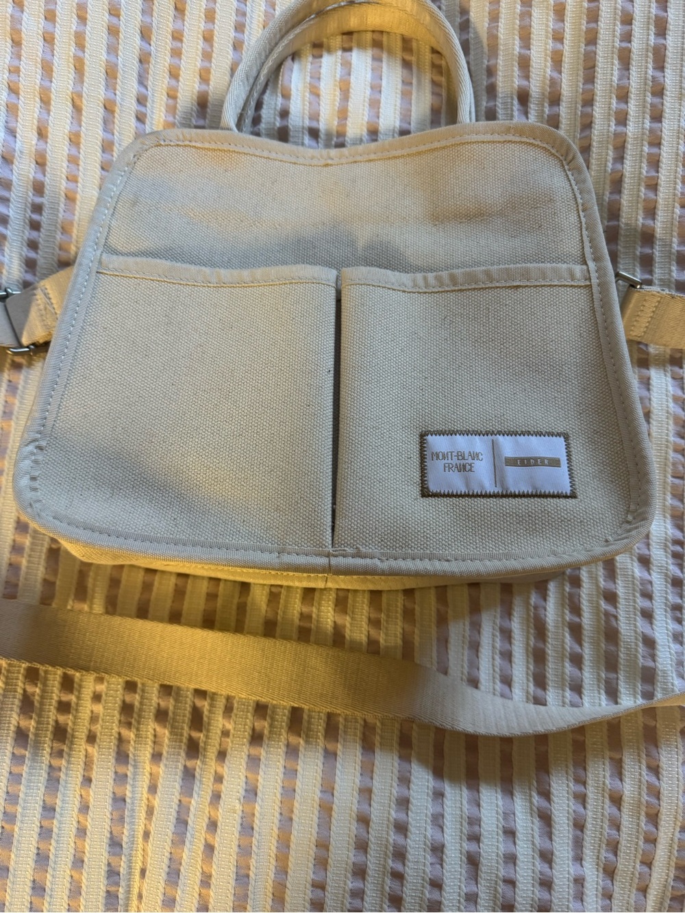 Beige Canvas Messenger Bag with Front Pockets